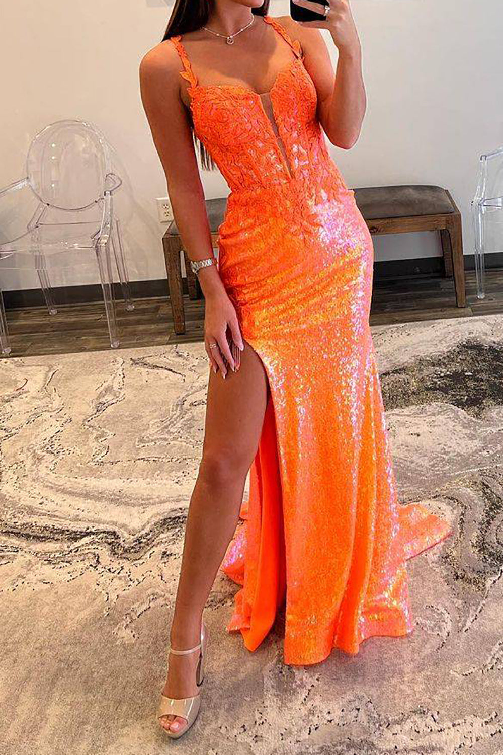 Weitese Gorgeous Mermaid Spaghetti Straps Orange Sequins Long Prom Dress with Appliques